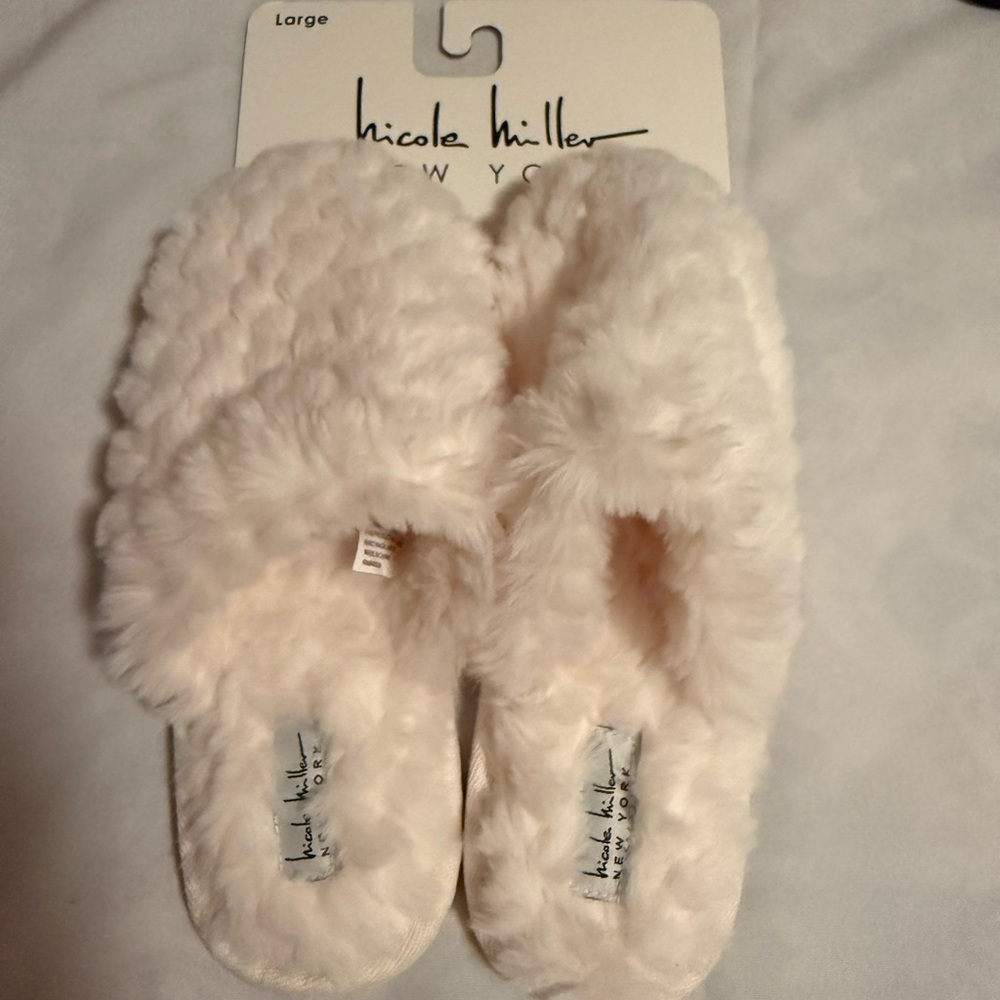 Nicole Miller Cream Plush Slip-On Slippers